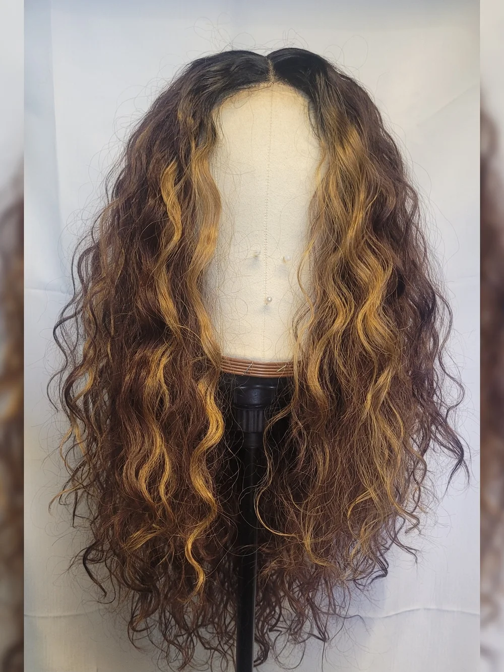 Realistic Synthetic Curly Lace-Front in Brown with Honey Blonde Highlights
